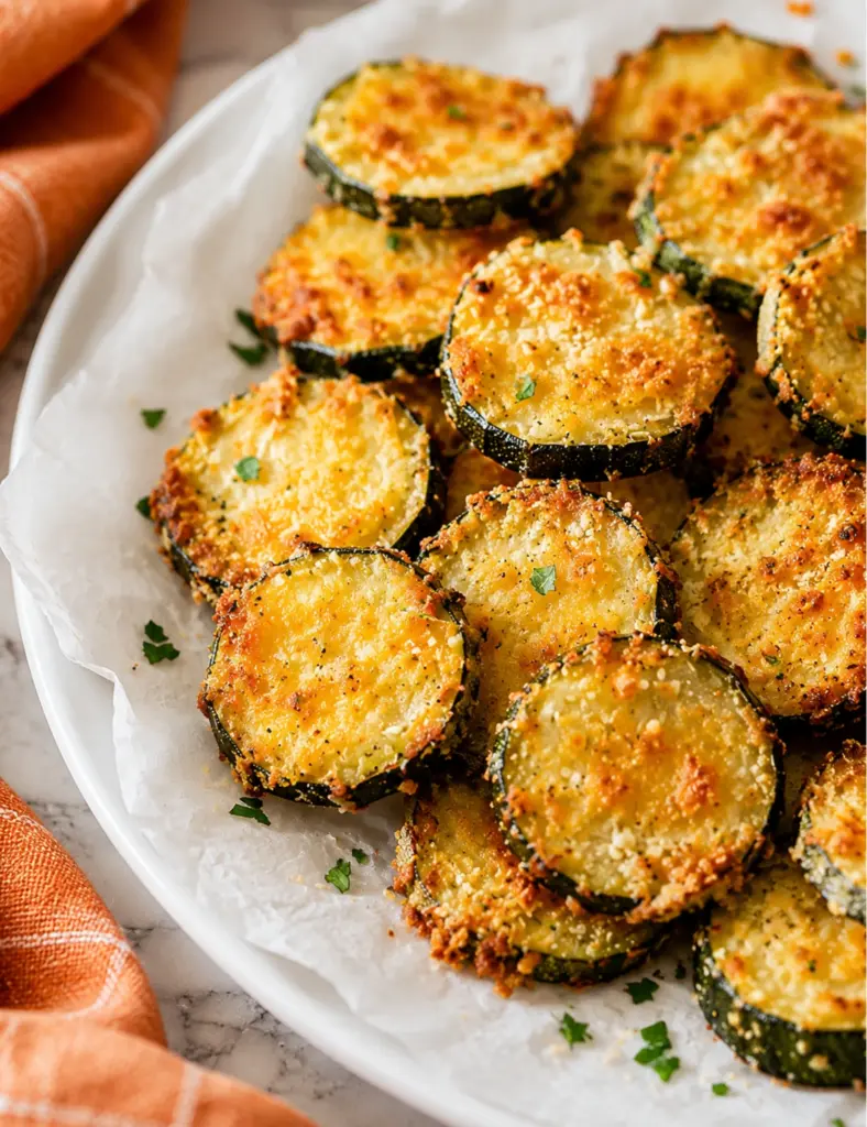 Golden Zucchini Parmesan Crisps served on parchment paper with crispy cheese edges, fresh parsley, and an orange kitchen towel.