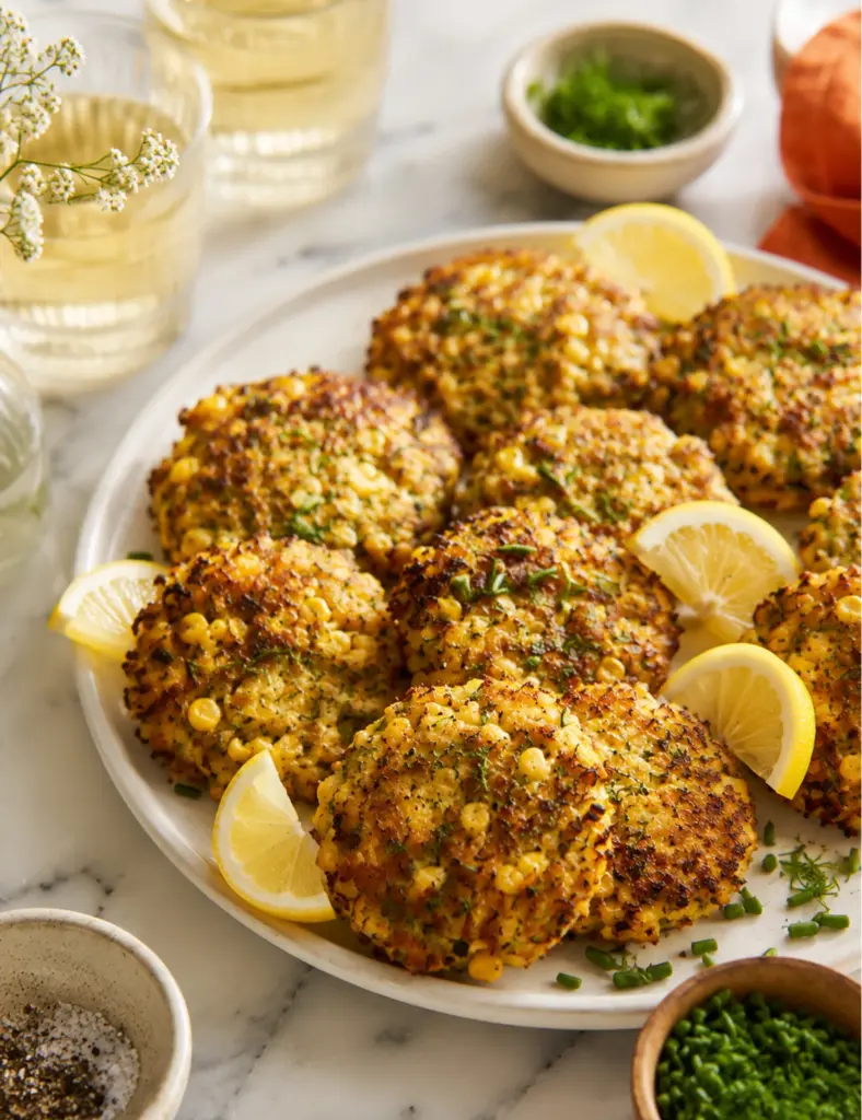 Golden chicken zucchini fritters served on a white plate with lemon wedges, fresh herbs, and chopped chives on a marble countertop.