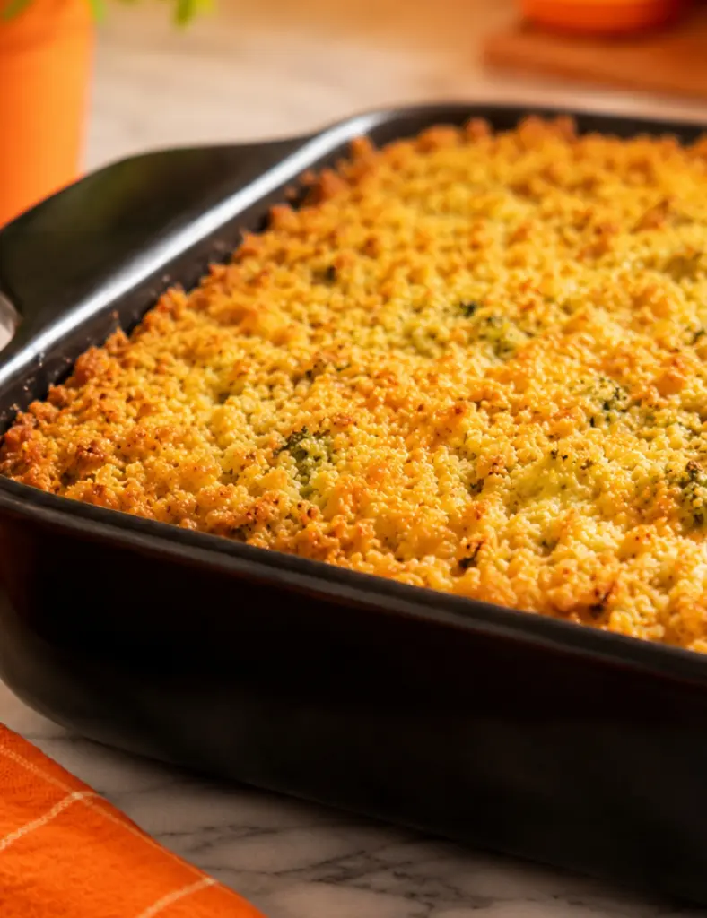 Close-up of a golden baked zucchini casserole in a black baking dish with a crispy cheesy topping on a marble countertop.
