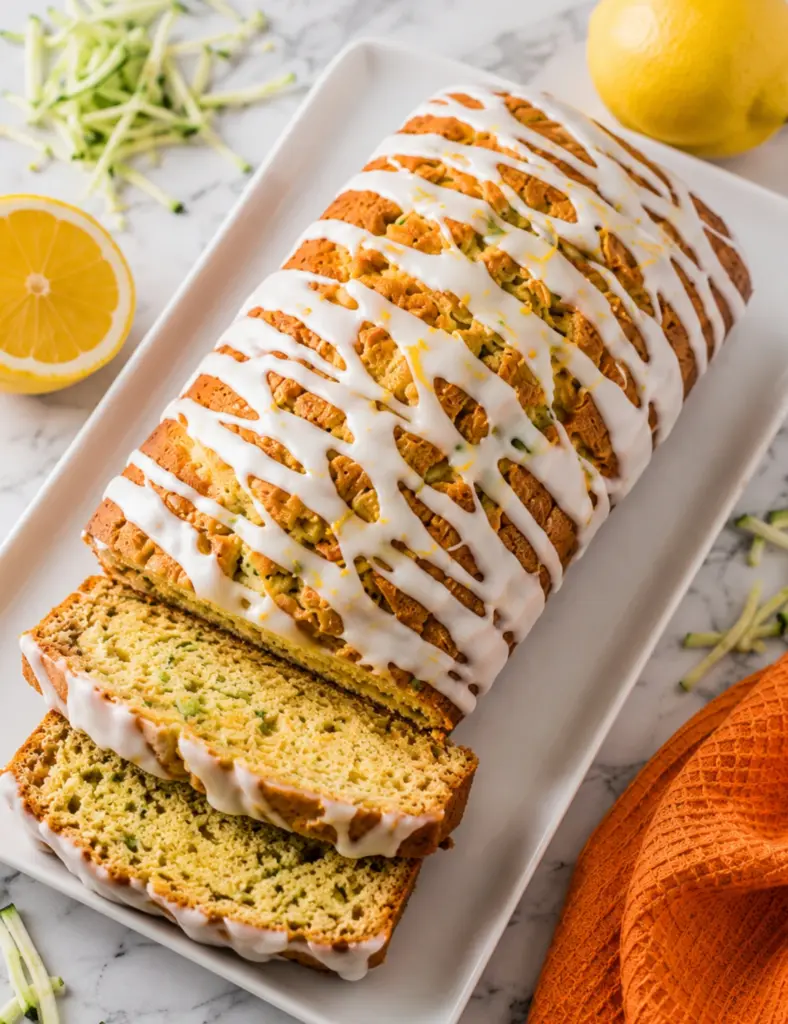 Lemon zucchini bread loaf with white glaze and sliced pieces on a serving platter, styled with fresh lemon, shredded zucchini, and an orange kitchen towel.