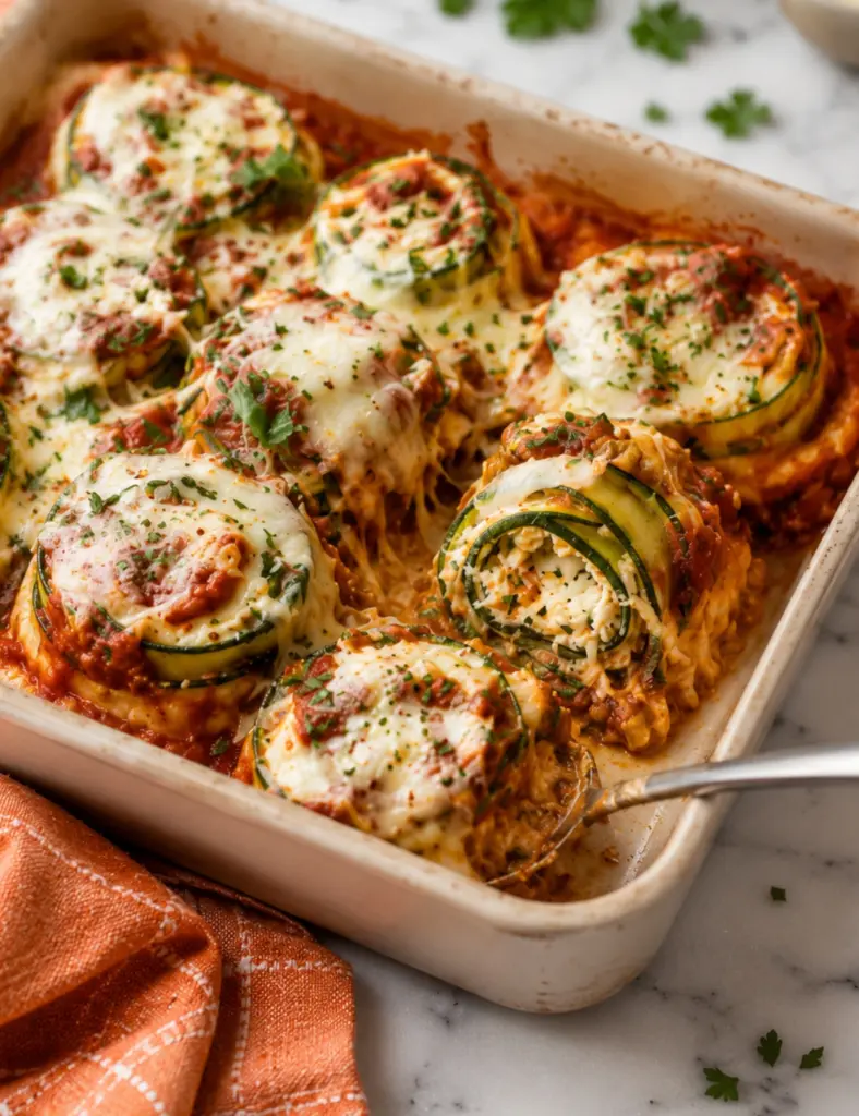 Close-up of Zucchini Lasagna Roll-Ups filled with cheese, baked in marinara sauce, topped with melted mozzarella and herbs in a ceramic dish.