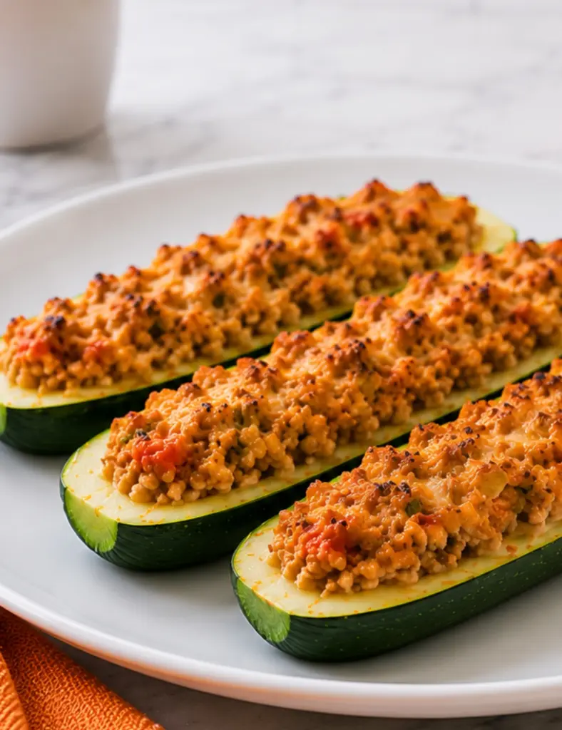 Close-up of Turkey Stuffed Zucchini Boats filled with seasoned ground turkey, diced vegetables, and melted cheese on a white plate.
