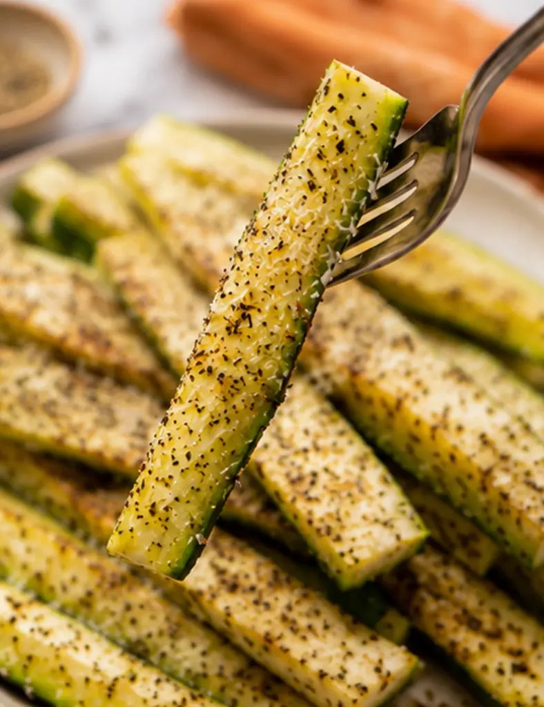 Fork holding a Baked Parmesan Zucchini stick topped with grated cheese and herbs above a plate of roasted zucchini