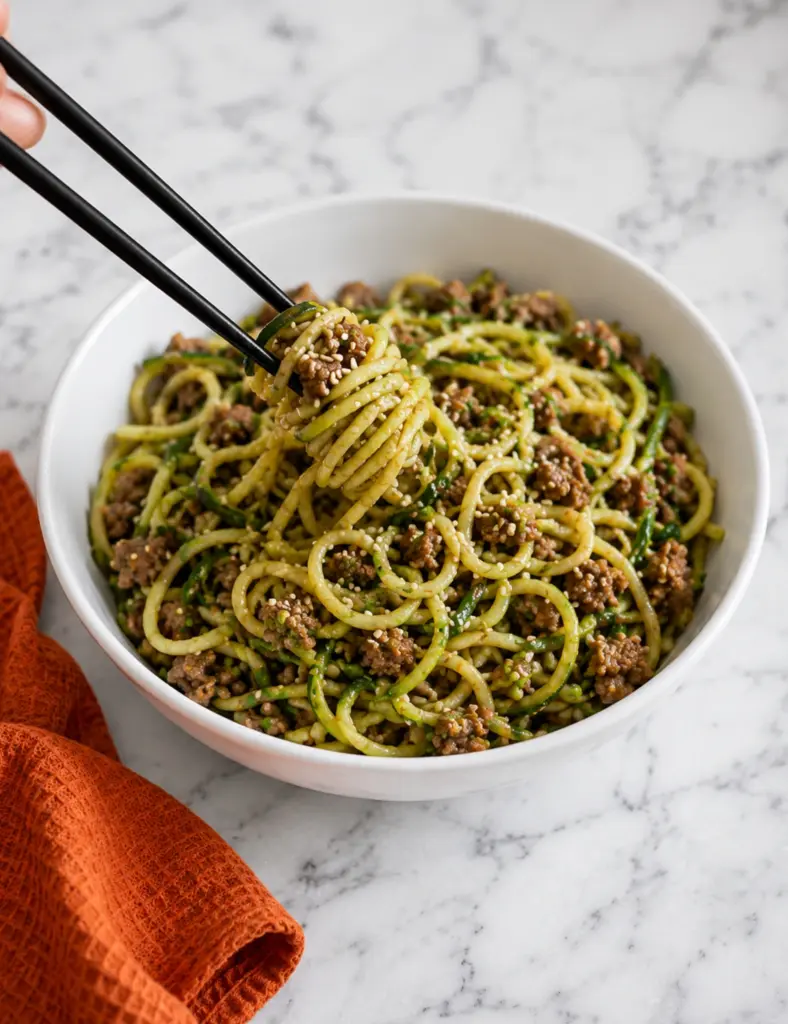 Korean Beef Zucchini Noodles with Chopsticks