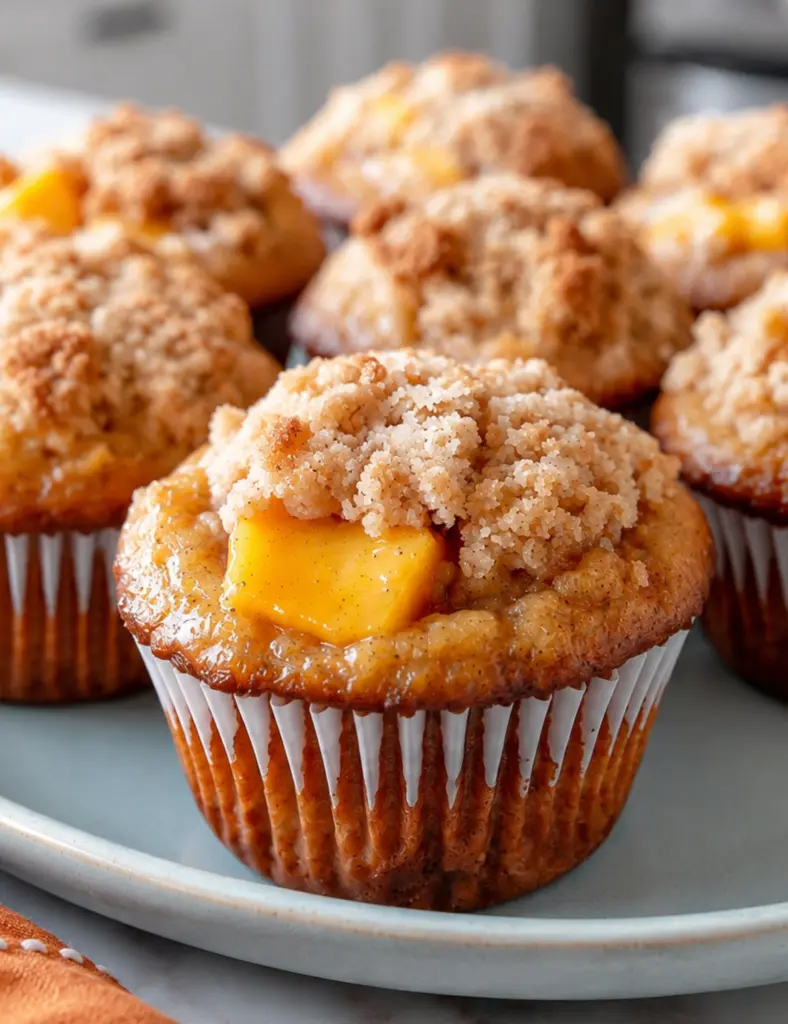 Peach Cobbler Muffins with crumb topping and juicy peach pieces