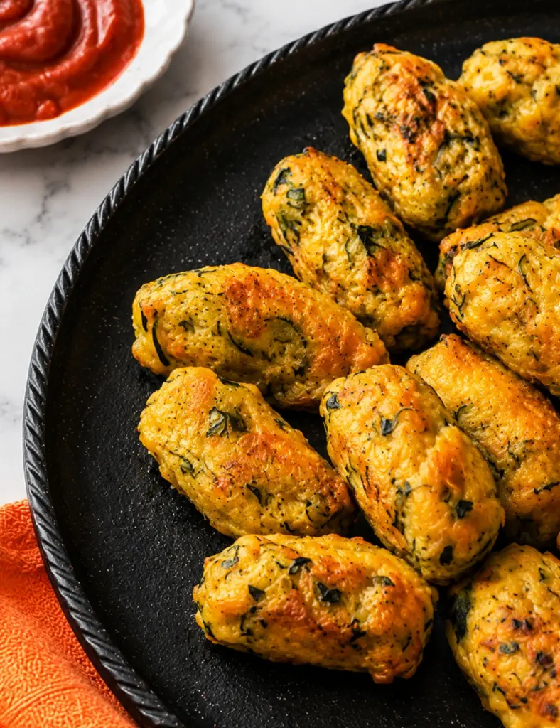 Baked Zucchini Tots on a black plate with ketchup dipping sauce and an orange towel on a white marble countertop.