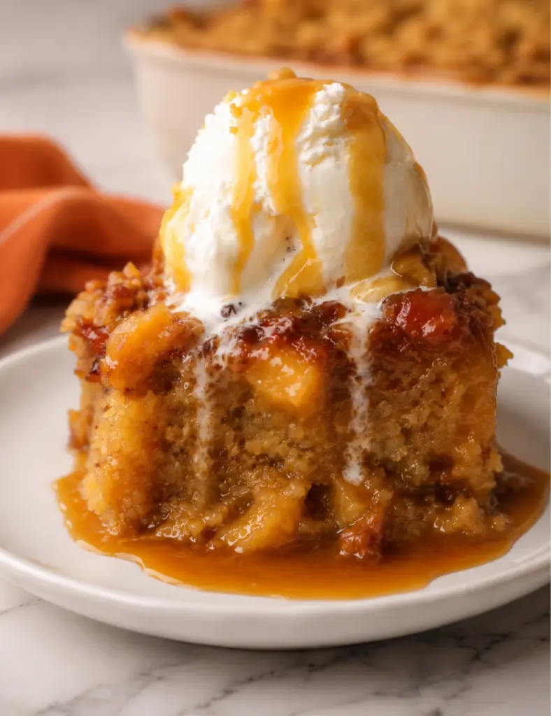 Peach Sticky Pudding with melting vanilla ice cream and warm caramel peach sauce on a white plate