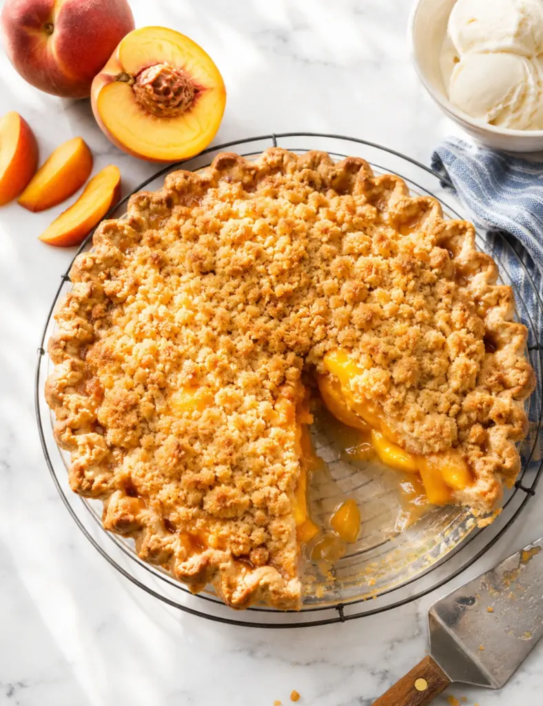 Overhead Homemade Peach Pie Recipe with crumb topping, one slice removed, fresh peaches, vanilla ice cream, and pie server.