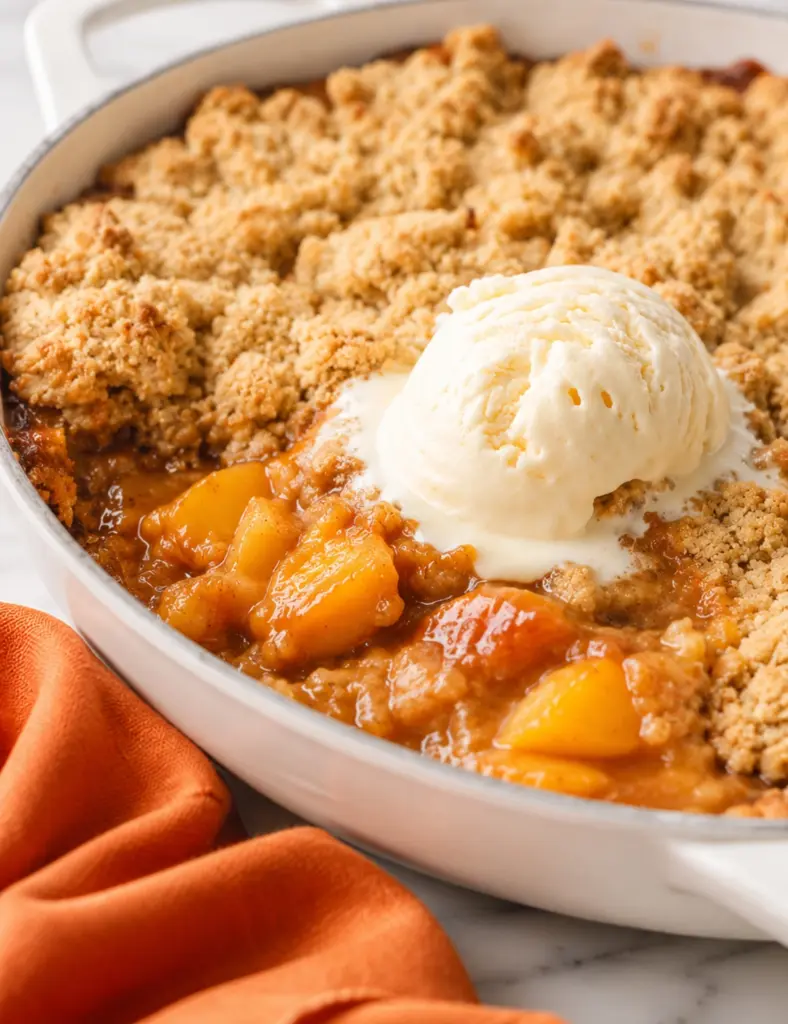 Cast Iron Skillet Peach Cobbler with warm peach filling, golden crumb topping, and melting vanilla ice cream.