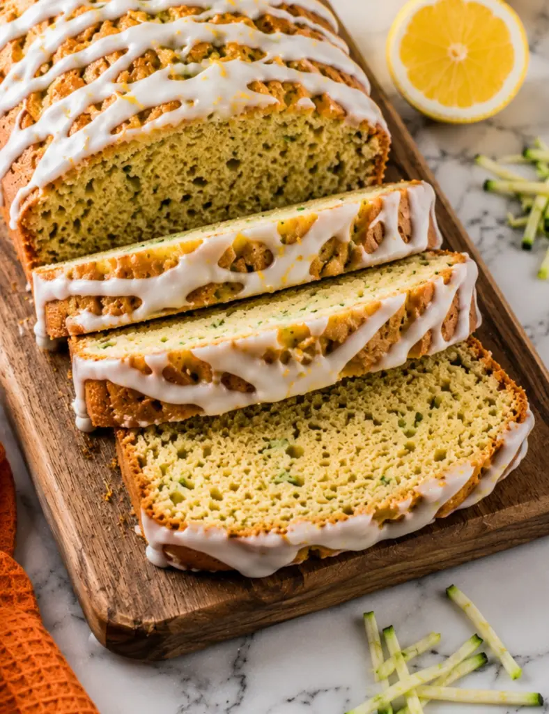 Sliced lemon zucchini bread loaf with white glaze on a wooden board, styled with fresh lemon and shredded zucchini on a marble countertop.