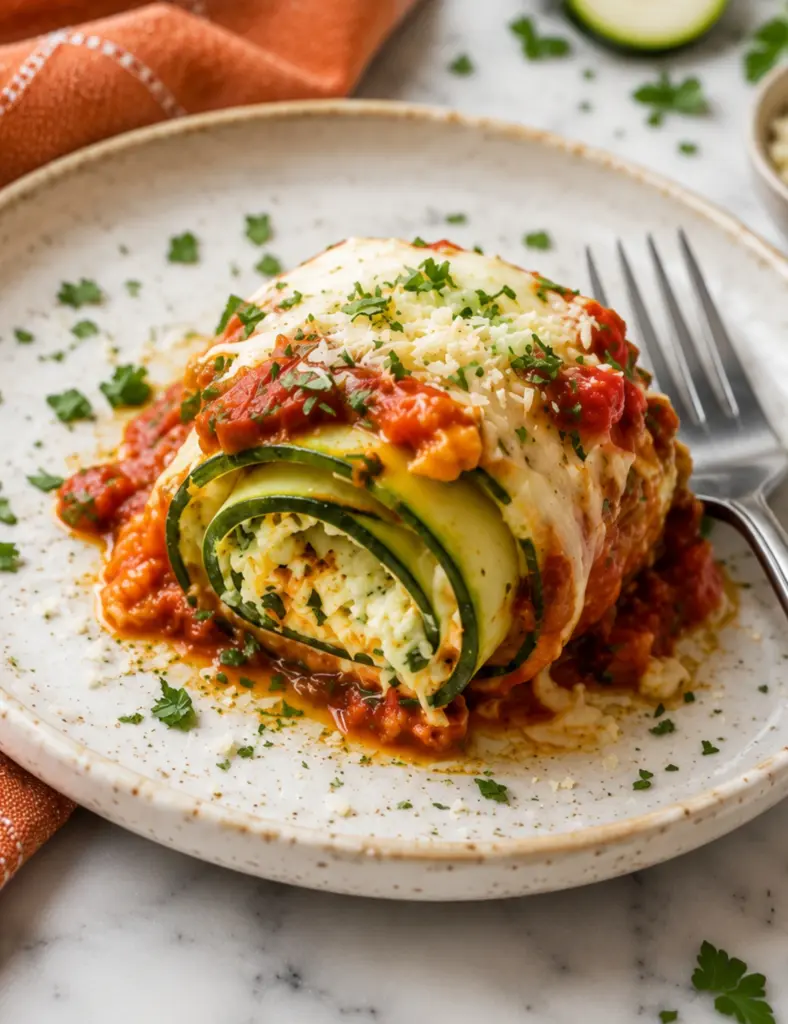 Single Zucchini Lasagna Roll-Up filled with ricotta cheese, topped with marinara sauce, melted mozzarella, parmesan, and fresh herbs on a ceramic plate.