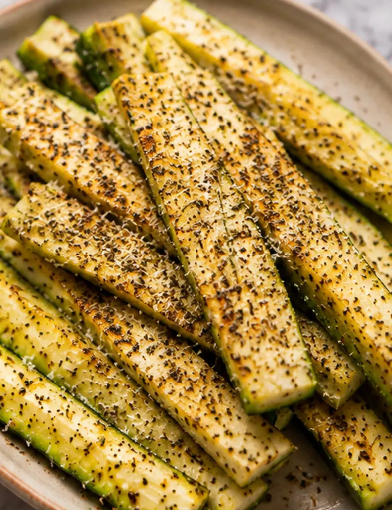 Close-up of Baked Parmesan Zucchini sticks seasoned with herbs, black pepper, and grated Parmesan on a plate