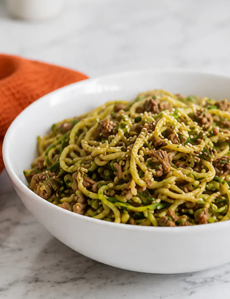 Korean Beef Zucchini Noodles in White Bowl