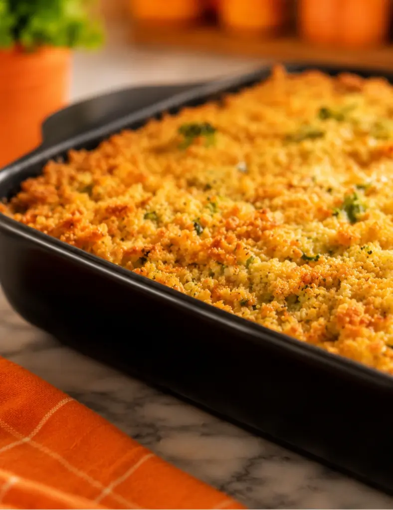 Close-up of a baked zucchini casserole with a crispy golden cheese topping in a black baking dish on a marble countertop.