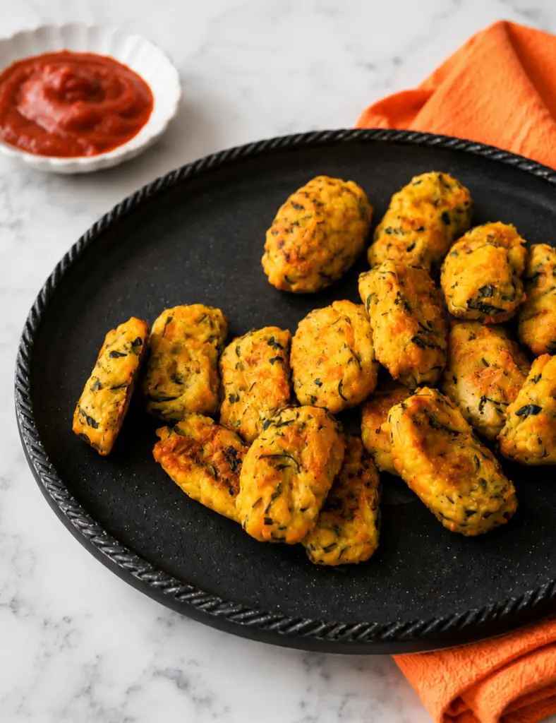 Baked Zucchini Tots served on a black plate with ketchup and an orange kitchen towel on a marble countertop.