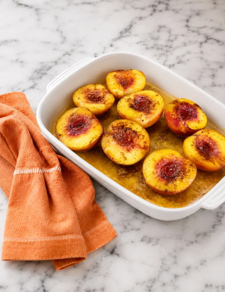 Baked peaches with honey and cinnamon in a white ceramic dish on a marble countertop with an orange kitchen towel.