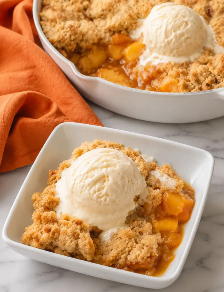 Cast Iron Skillet Peach Cobbler served with vanilla ice cream, golden crumble topping, and sweet peach filling.
