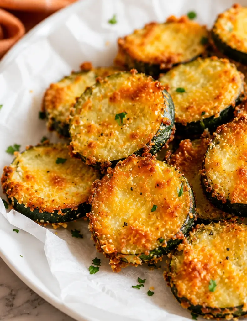 Close up of golden Zucchini Parmesan Crisps with crispy cheese edges, fresh parsley, and parchment paper on a white plate.