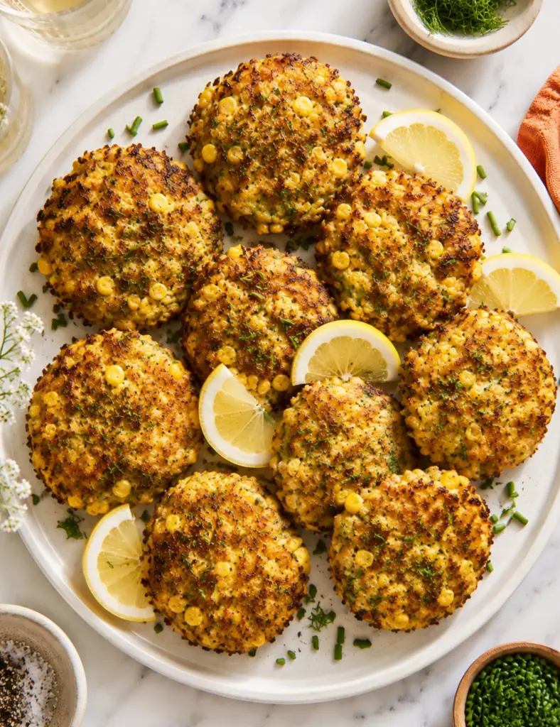Overhead view of golden Chicken Zucchini Fritters on a white plate with lemon wedges, chopped chives, and fresh herbs.