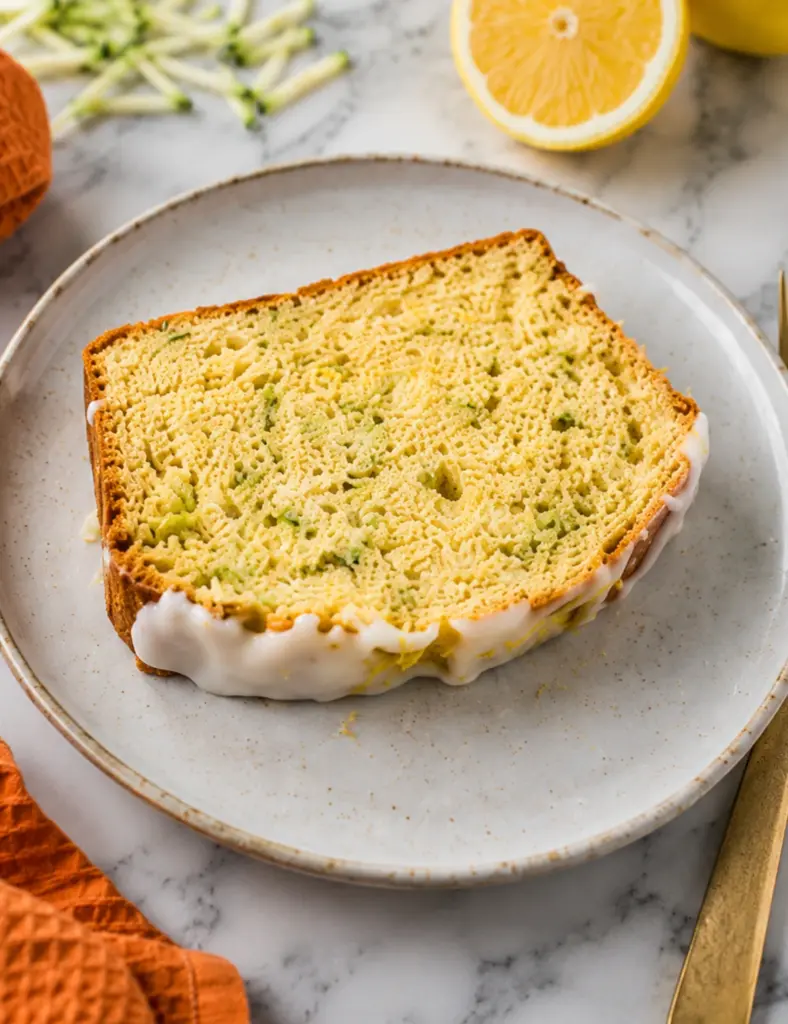 Slice of lemon zucchini bread with white glaze on a ceramic plate, styled with fresh lemon, shredded zucchini, and an orange kitchen towel.