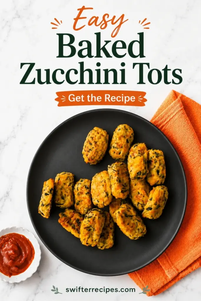 Easy Baked Zucchini Tots on a plain black plate with ketchup dipping sauce, orange towel, and recipe text on a marble background.