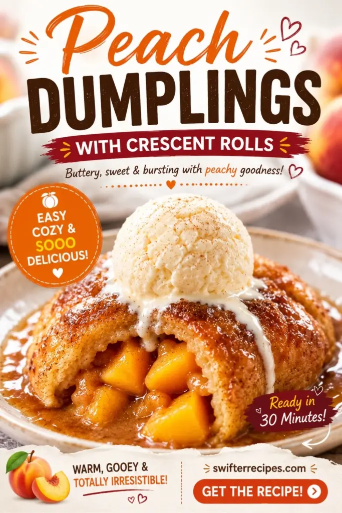 Peach Dumplings with Crescent Rolls Pinterest pin with vanilla ice cream