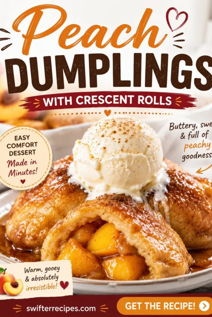 Peach Dumplings with Crescent Rolls topped with vanilla ice cream and warm peach filling