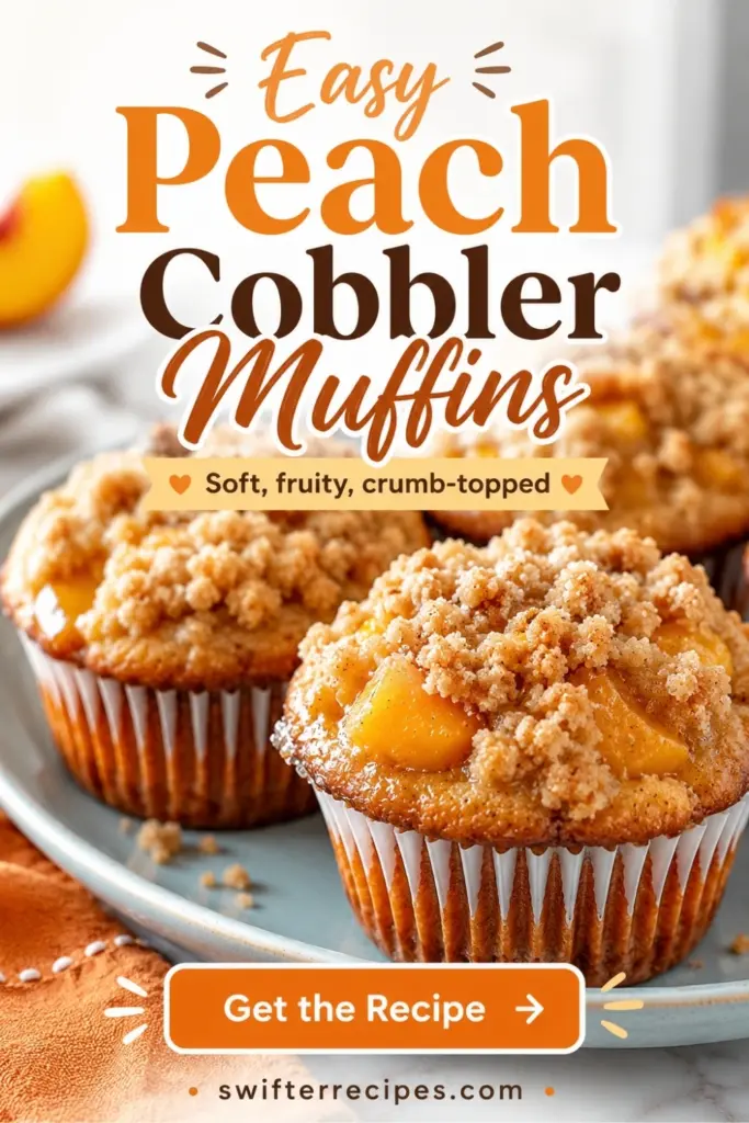 Easy Peach Cobbler Muffins recipe pin with crumb topping
