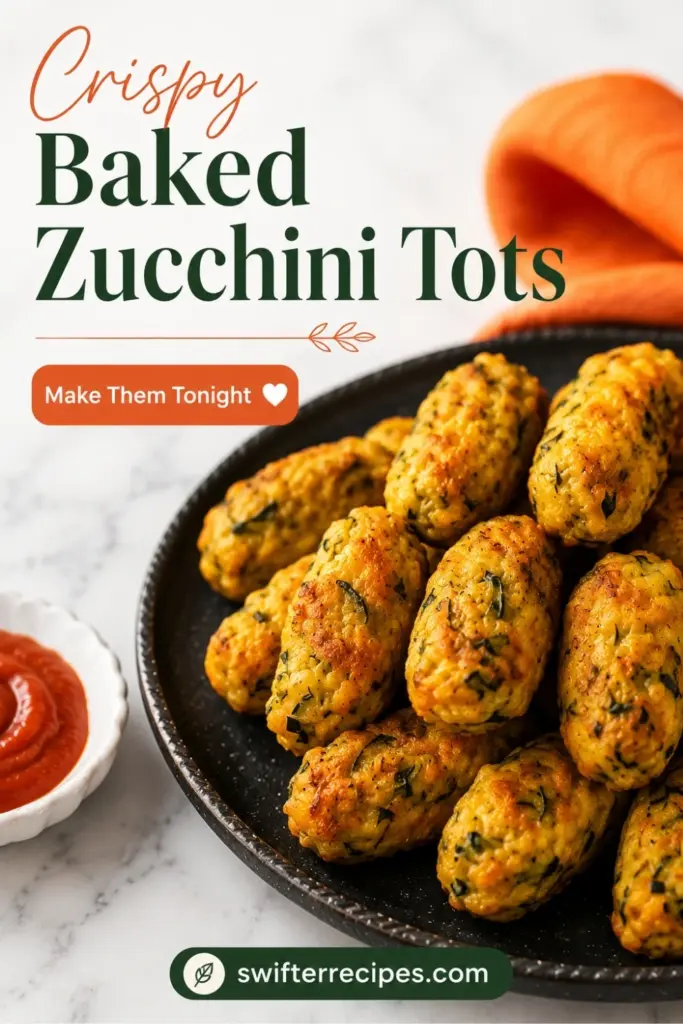 Crispy Baked Zucchini Tots on a black plate with ketchup, orange towel, and recipe text on a marble background.