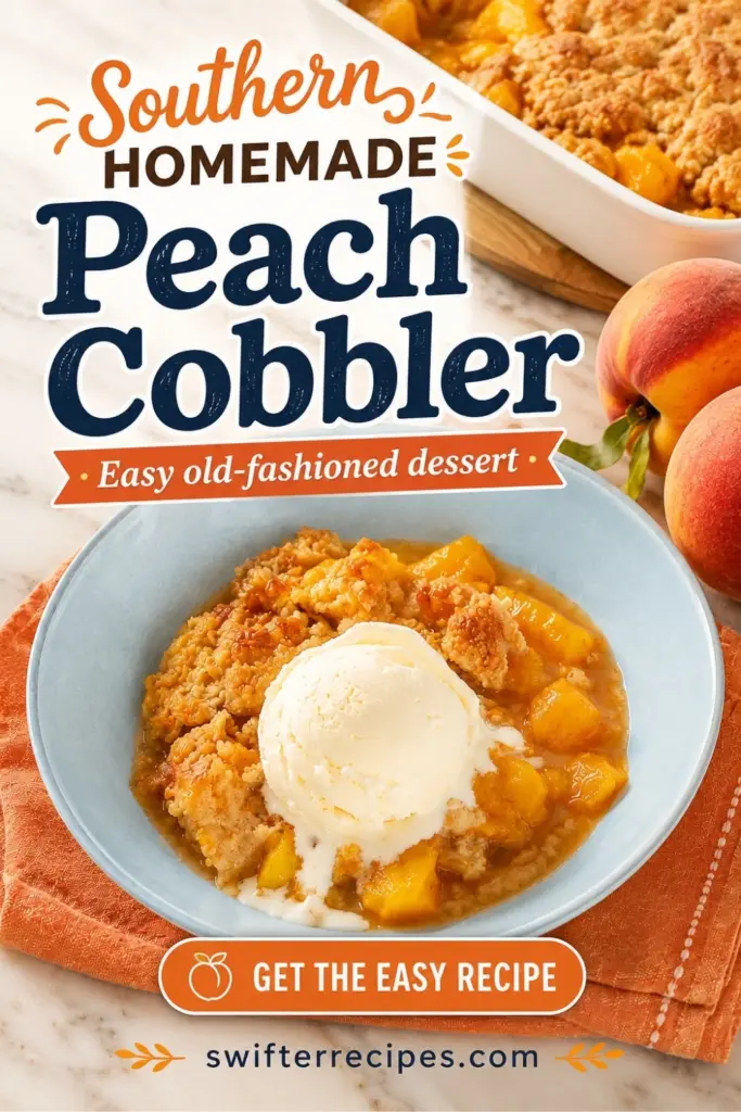 Southern Homemade Peach Cobbler Pinterest pin with vanilla ice cream, juicy peaches, golden cobbler topping, and easy recipe CTA.