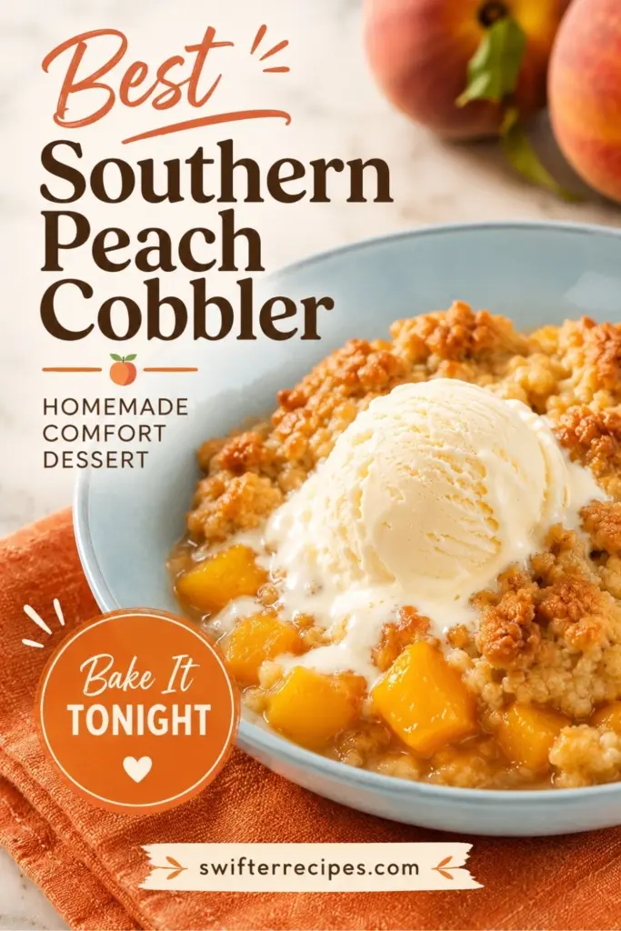 Best Southern Peach Cobbler Pinterest pin with vanilla ice cream, juicy peaches, golden cobbler topping, and Bake It Tonight CTA.