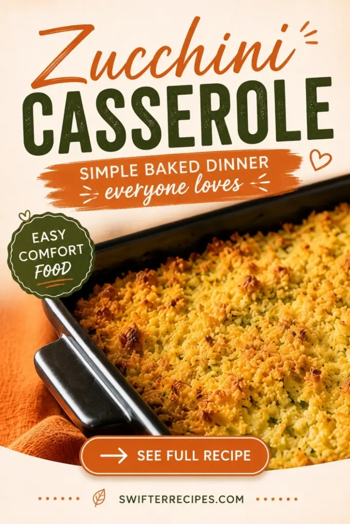 Pinterest pin for Zucchini Casserole showing a crispy golden baked casserole in a black dish with “See Full Recipe” text.