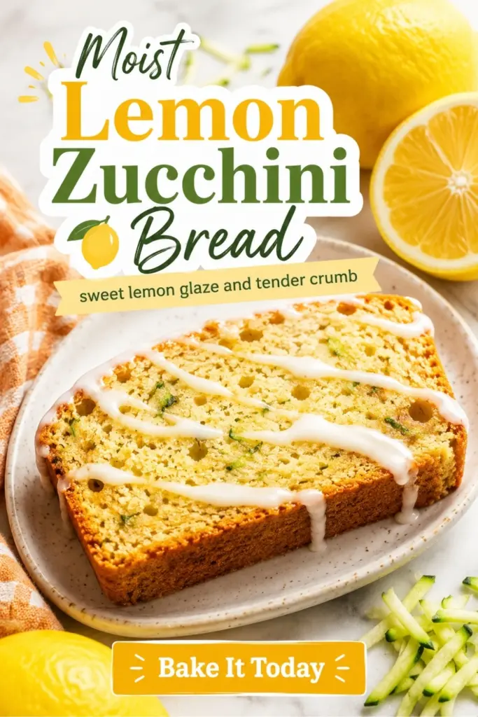 Pinterest pin featuring a glazed slice of lemon zucchini bread on a plate with fresh lemons and shredded zucchini, with text reading “Moist Lemon Zucchini Bread” and “Bake It Today.”