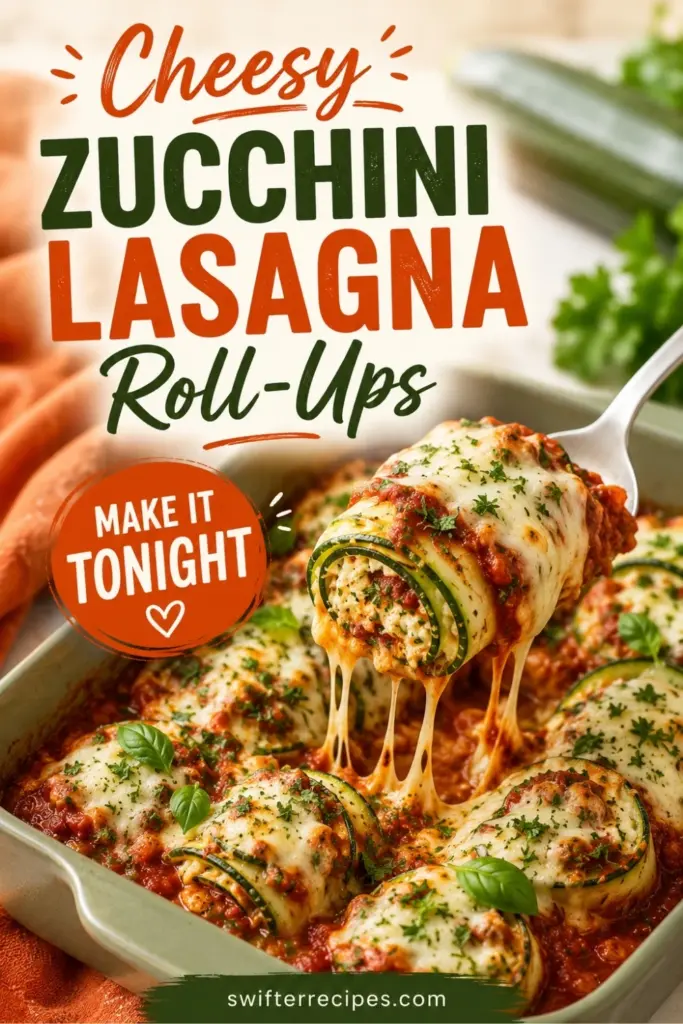 Pinterest pin for Zucchini Lasagna Roll-Ups showing cheesy zucchini roll-ups in a baking dish with tomato sauce, melted mozzarella, and the text Make It Tonight.