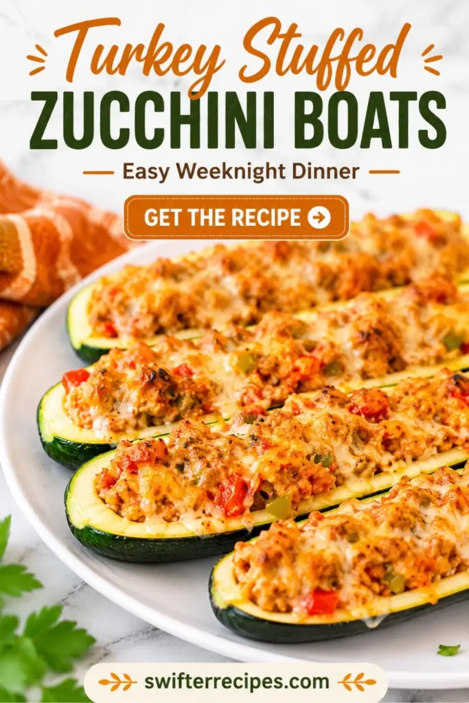 Pinterest pin featuring cheesy Turkey Stuffed Zucchini Boats on a white plate with text reading “Turkey Stuffed Zucchini Boats, Easy Weeknight Dinner, Get the Recipe.”