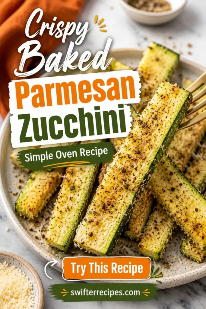 Pinterest pin for Crispy Baked Parmesan Zucchini showing seasoned zucchini sticks on a fork with recipe text and swifterrecipes.com