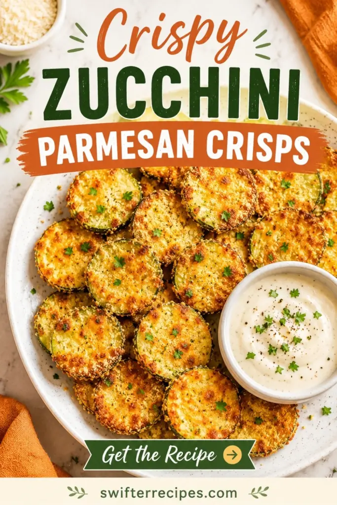 Pinterest pin for Zucchini Parmesan Crisps with golden baked zucchini rounds, creamy dipping sauce, and recipe text overlay.
