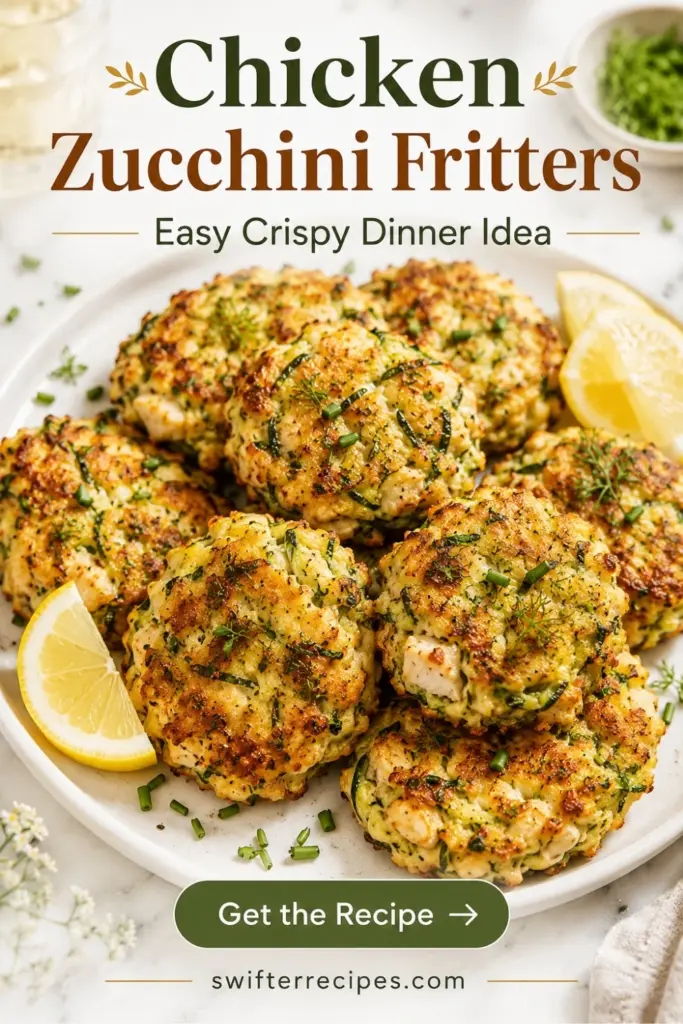 Pinterest pin for Chicken Zucchini Fritters showing golden fritters with lemon wedges, fresh herbs, and a Get the Recipe button.