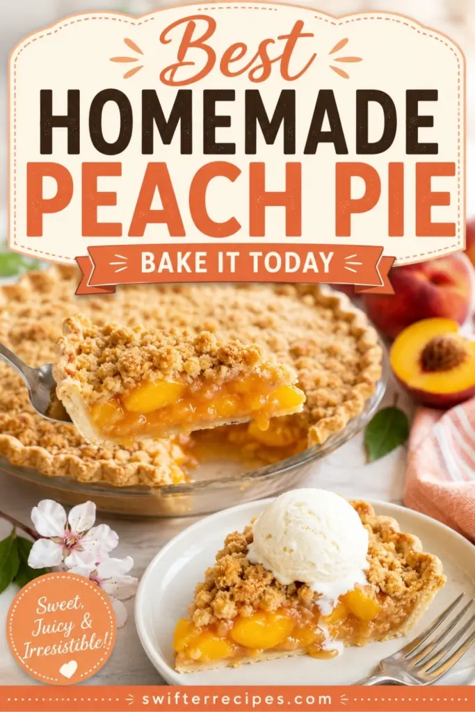 Best Homemade Peach Pie pin with a lifted peach pie slice, vanilla ice cream, Bake It Today call to action, and swifterrecipes.com text.
