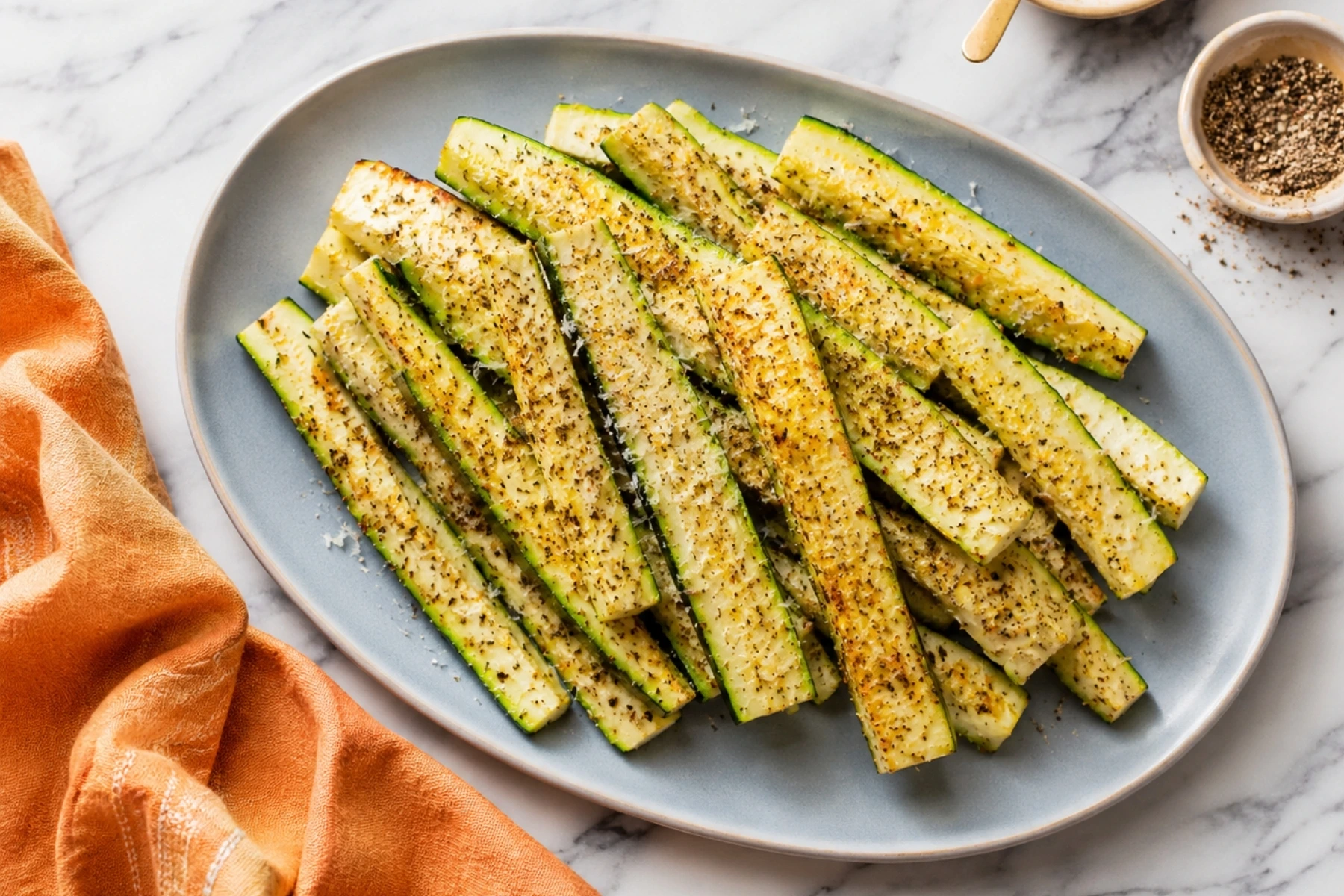 Baked Parmesan Zucchini sticks seasoned with herbs and black pepper on a blue oval plate with an orange kitchen towel