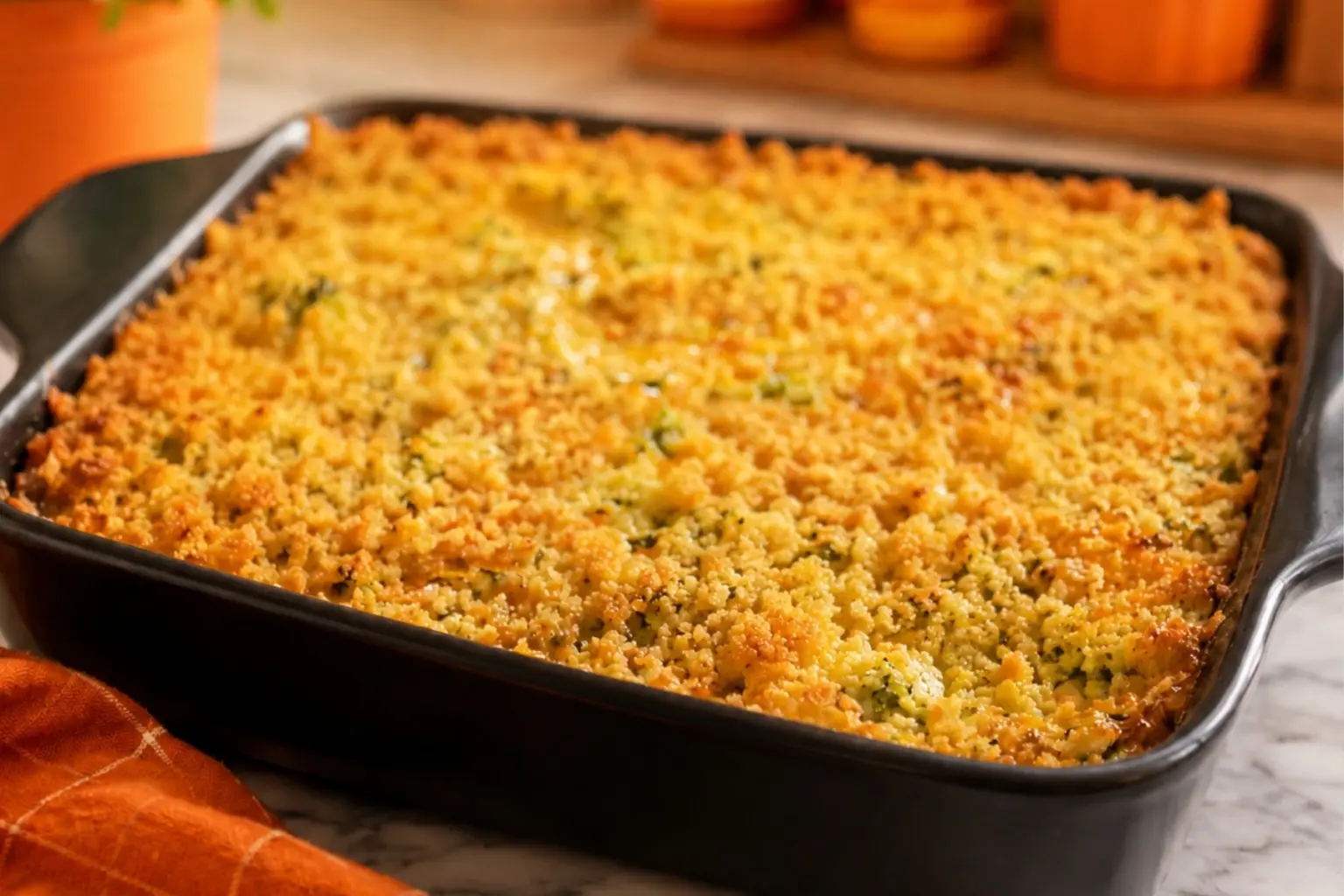 Freshly baked zucchini casserole with a crisp golden cheese topping in a black baking dish on a marble countertop.