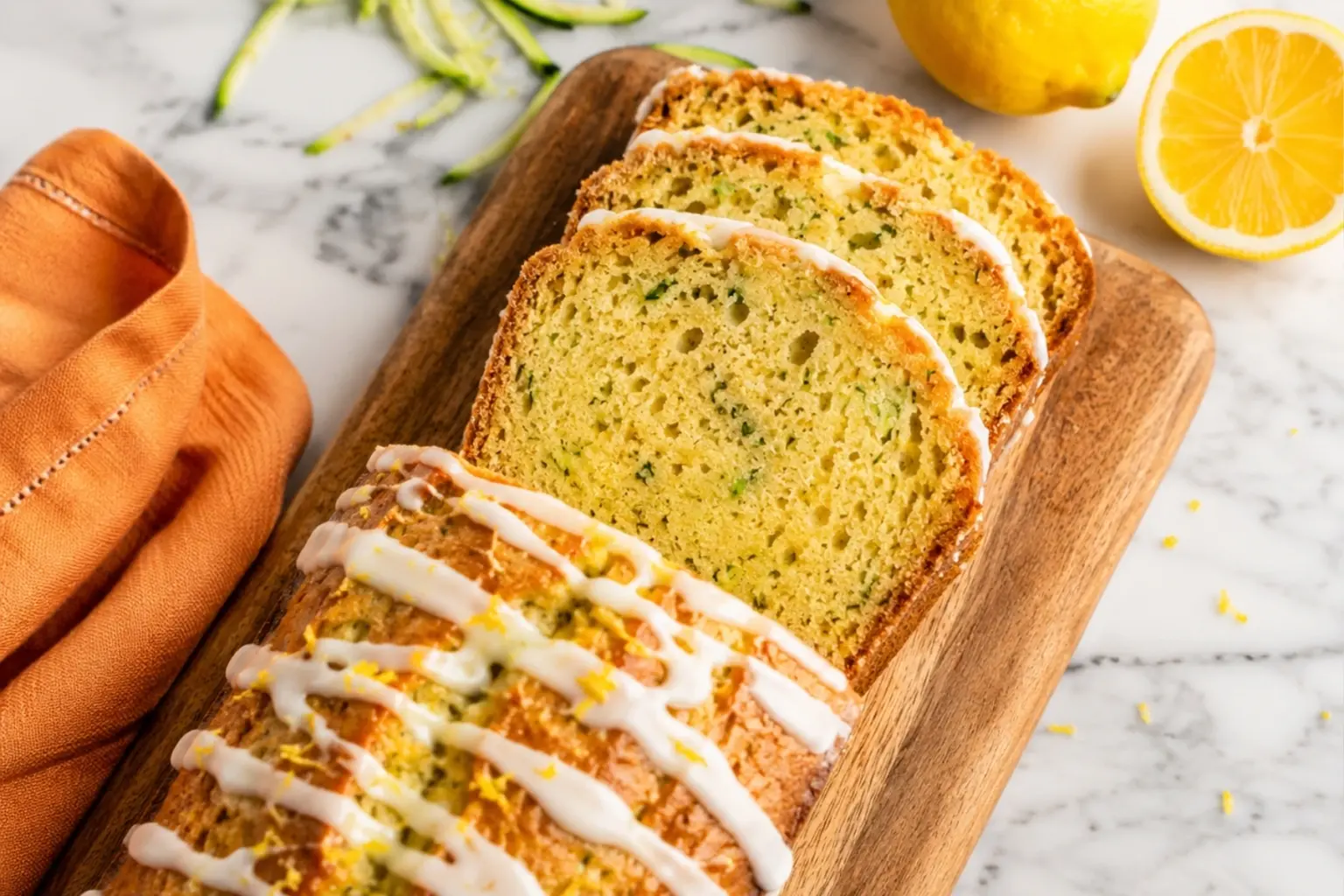 Sliced zucchini bread loaf with lemon glaze on a wooden board, served with fresh lemon and an orange kitchen towel on a marble countertop.