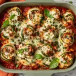 Zucchini Lasagna Roll-Ups baked in tomato sauce with melted mozzarella and fresh herbs in a green ceramic baking dish.