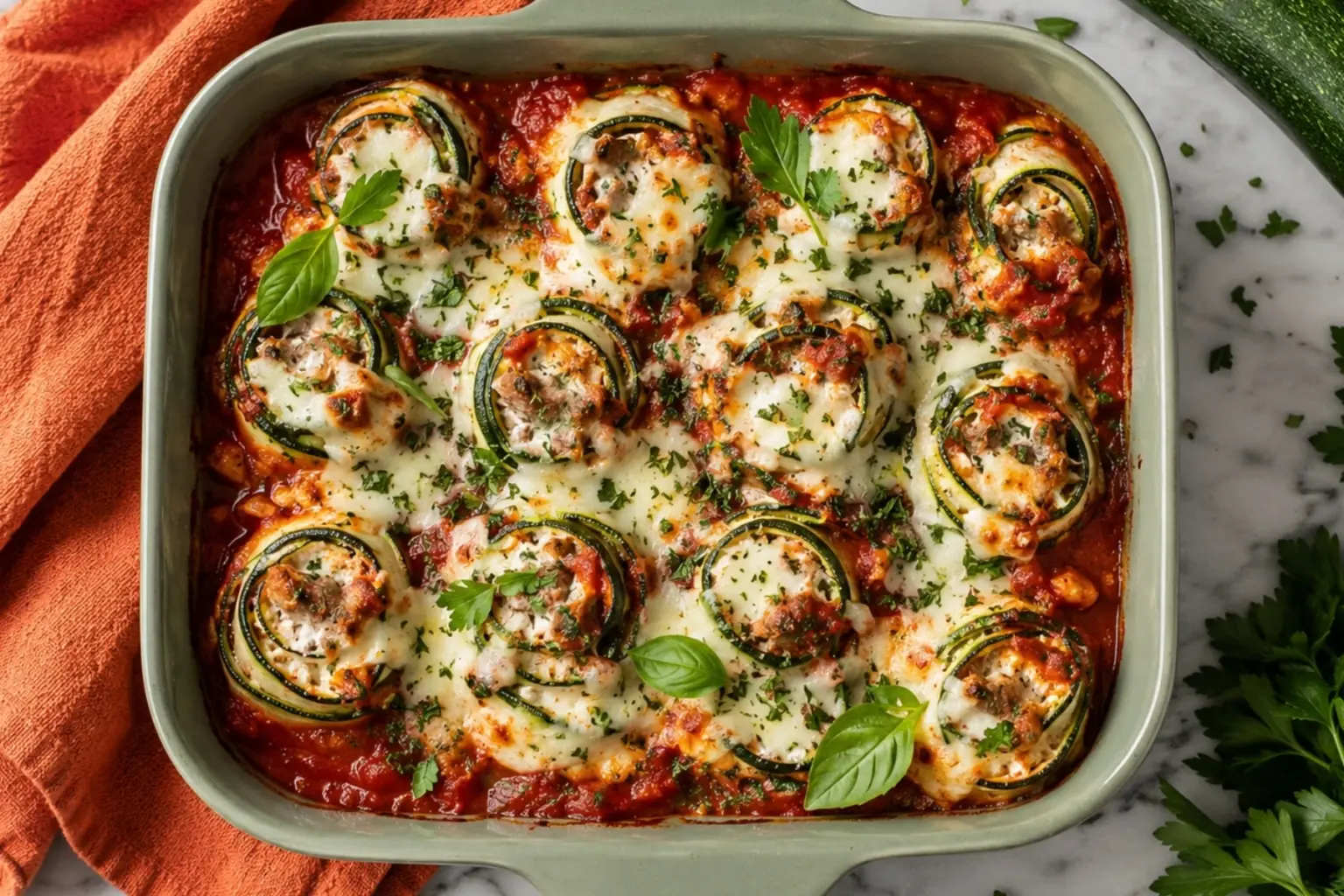 Zucchini Lasagna Roll-Ups baked in tomato sauce with melted mozzarella and fresh herbs in a green ceramic baking dish.
