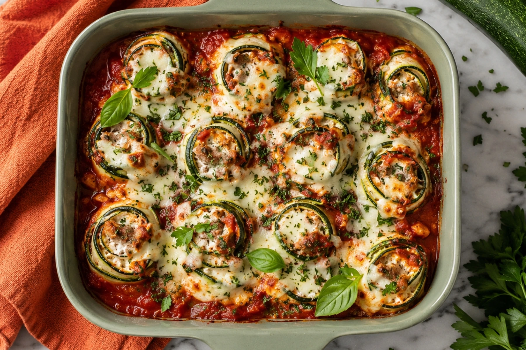 Zucchini Lasagna Roll-Ups baked in tomato sauce with melted mozzarella and fresh herbs in a green ceramic baking dish.