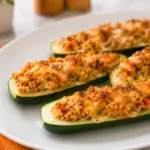 Turkey Stuffed Zucchini Boats filled with seasoned turkey, vegetables, and melted cheese on a white plate with an orange kitchen towel.