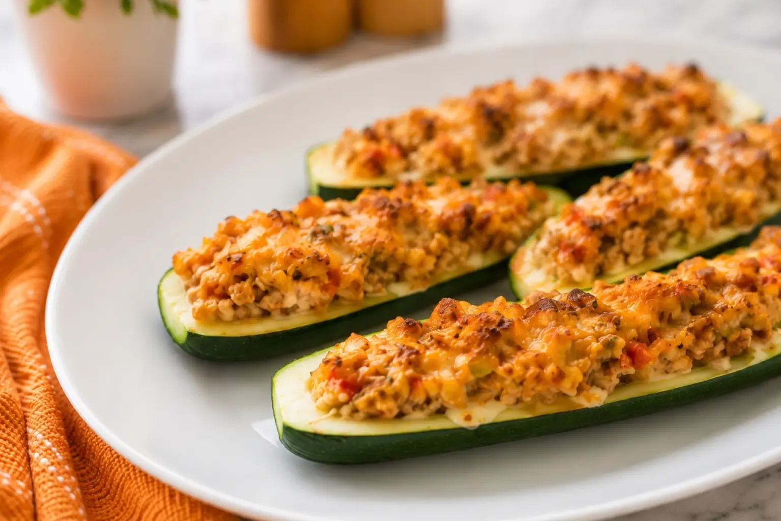 Turkey Stuffed Zucchini Boats filled with seasoned turkey, vegetables, and melted cheese on a white plate with an orange kitchen towel.