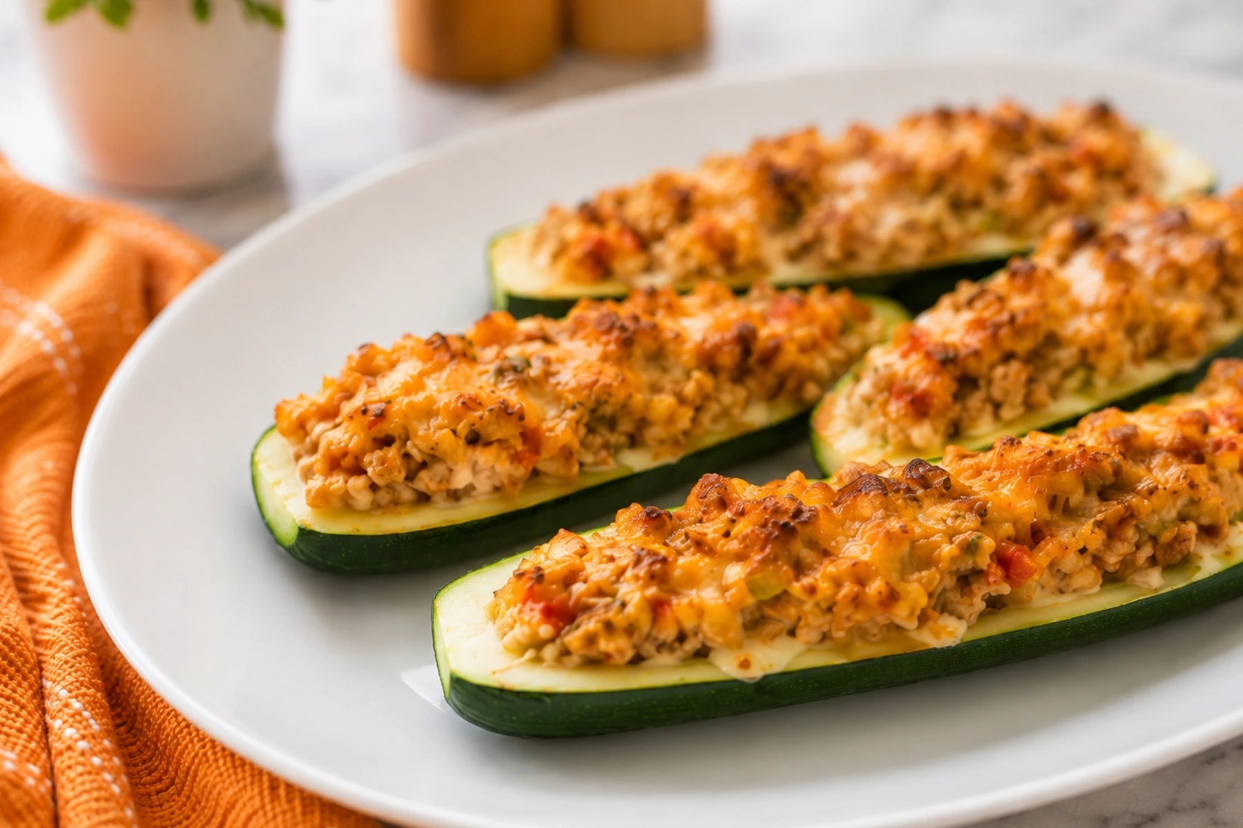 Turkey Stuffed Zucchini Boats filled with seasoned turkey, vegetables, and melted cheese on a white plate with an orange kitchen towel.