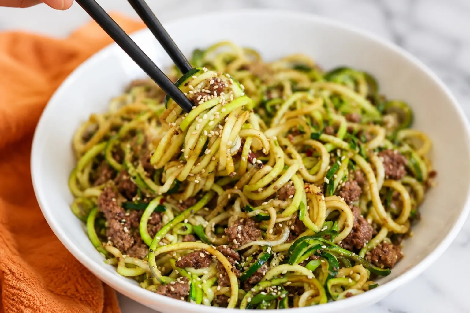 Korean Beef Zucchini Noodles with Sesame Seeds