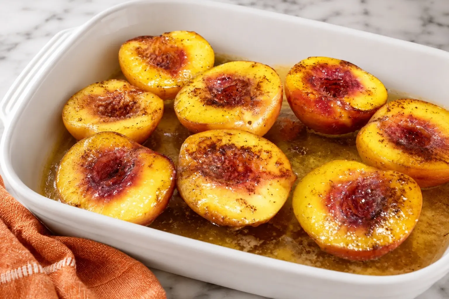 Baked peaches with honey and cinnamon in a white baking dish on a marble countertop with an orange kitchen towel.